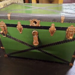vintage green metal and wood-banded steamer trunk or storage chest (092692)